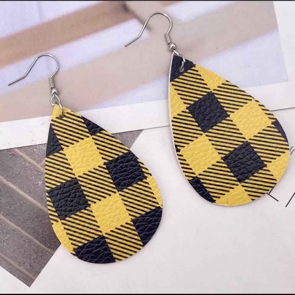 Faux leather plaid pattern tear drop earrings